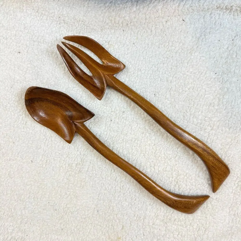 Vintage Monkey Pod Acacia Salad Tongs Curved Serving Spoon Fork Set Utensils